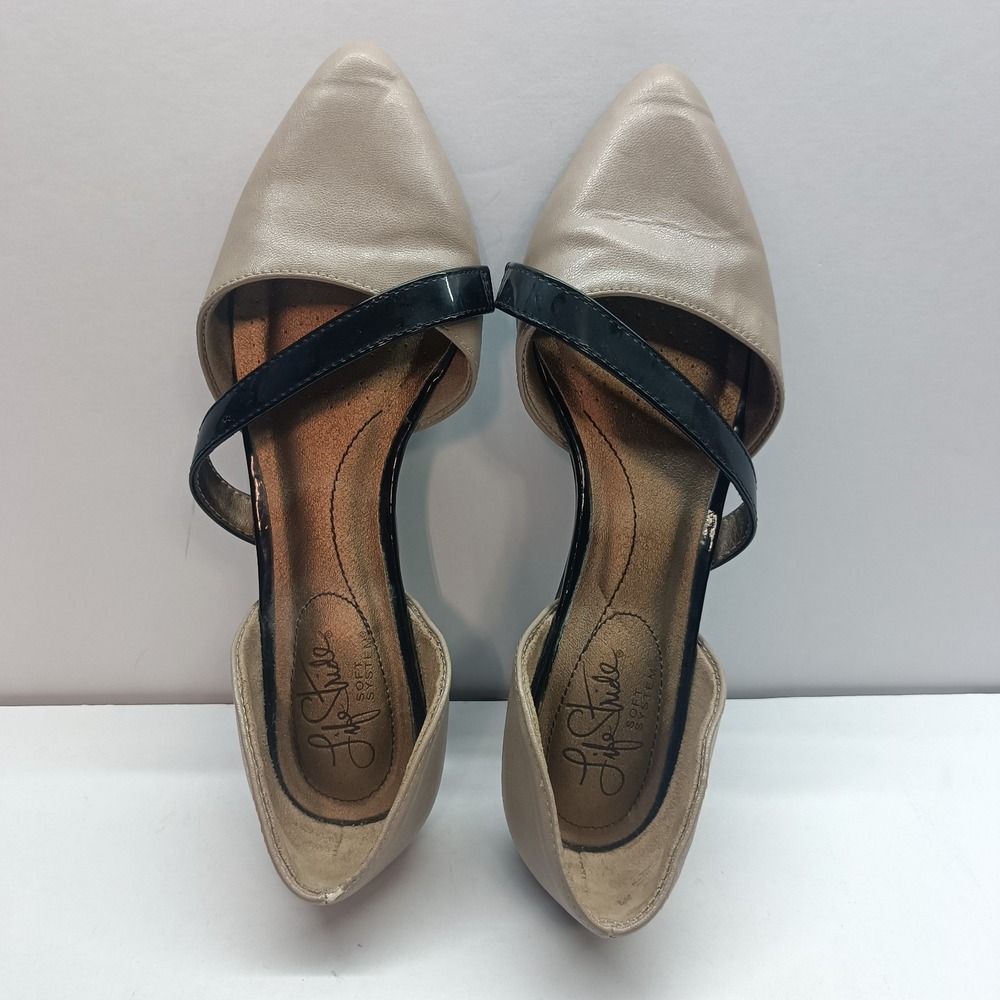 Life Stride Women's Size 6.5 Beige Black Strap Pointed Toe Slip On Flats Flex